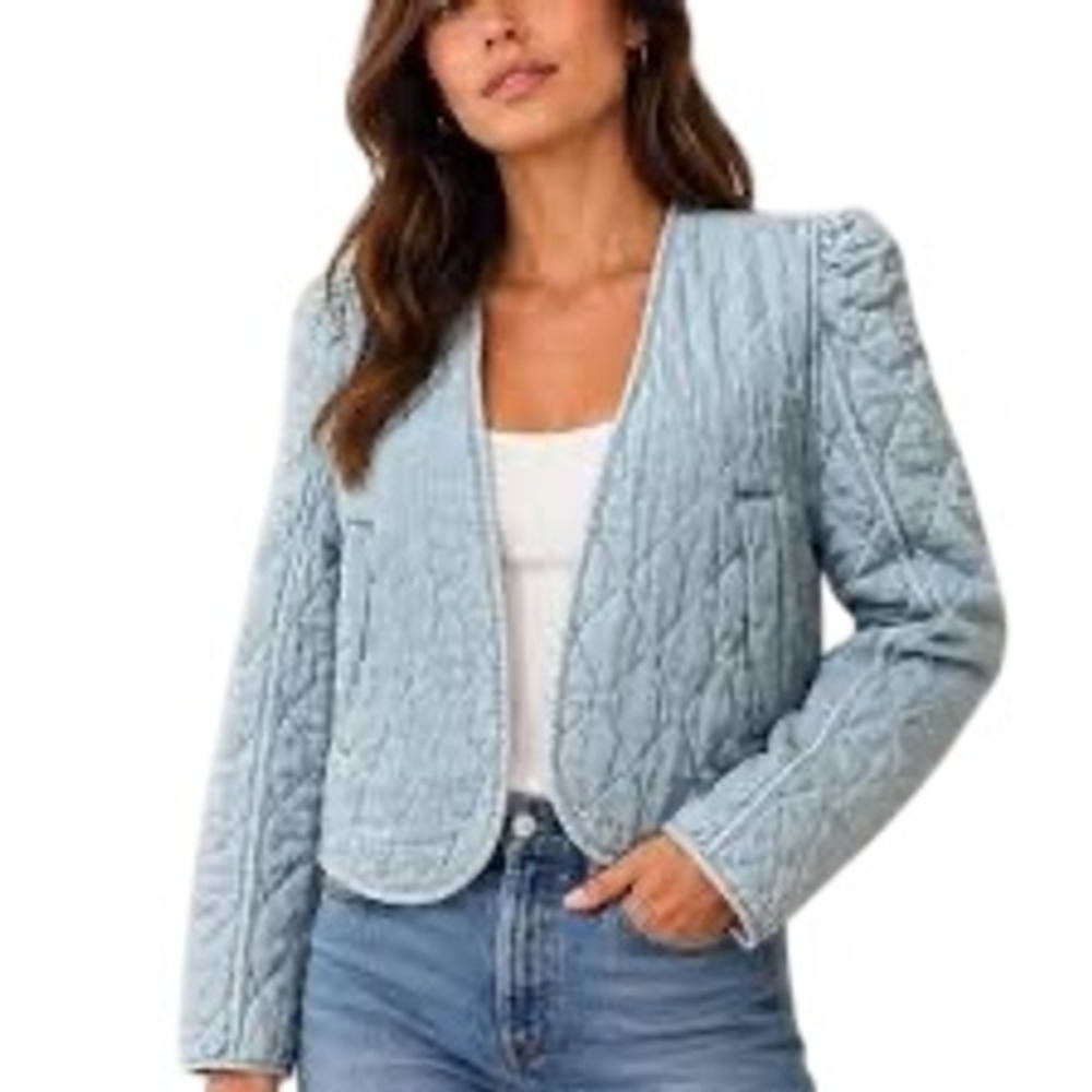 NWT BlankNYC Women's Quilted Denim Jacket Light Blue Cropped Open Front Small